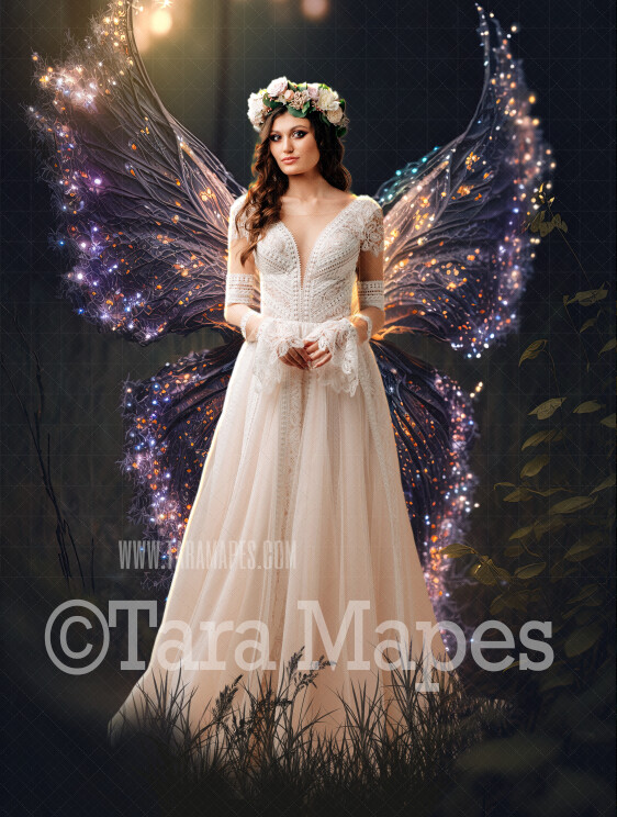 Fairy Digital Background (JPG FILE) - Delicate Glowing Fairy Wings in a Field at Sunset - Fairy Wedding Maternity Digital Background