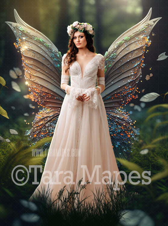 Fairy Digital Background (JPG FILE) - Delicate Glowing Fairy Wings in a Field at Sunset - Fairy Wedding Maternity Digital Background