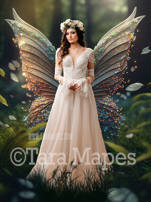 Fairy Digital Background (JPG FILE) - Delicate Glowing Fairy Wings in a Field at Sunset - Fairy Wedding Maternity Digital Background