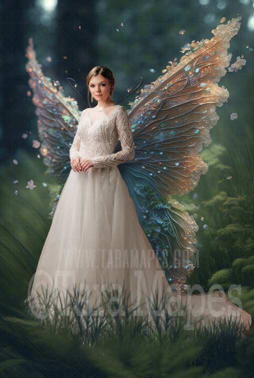 Fairy Digital Background (JPG FILE) - Delicate Glowing Fairy Wings in a Field at Sunset - Fairy Wedding Maternity Digital Background