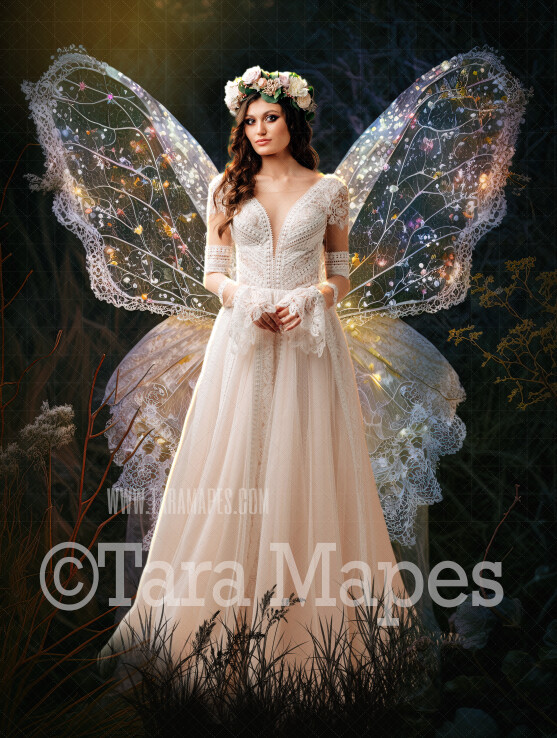 Fairy Digital Background (JPG FILE) - Delicate Glowing Fairy Wings in a Field at Sunset - Fairy Wedding Maternity Digital Background