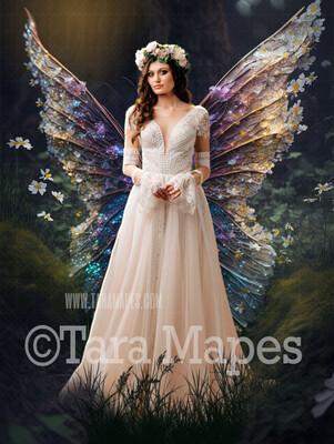 Fairy Digital Background (JPG FILE) - Delicate Glowing Fairy Wings in a Field at Sunset - Fairy Wedding Maternity Digital Background