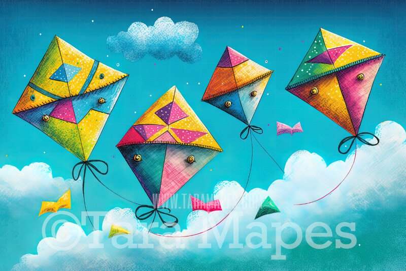 Whimsical Kites and Cloud in Sky - Sitter Newborn Digital Backdrop - Oil Pastel Illustration of Kites in Sky -  Baby Newborn Digital Background