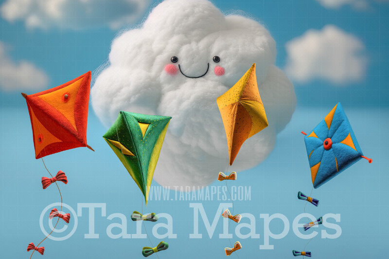 Needle Felted Kites and Cloud in Sky - Sitter Newborn Digital Backdrop - Needle Felt Baby Newborn Digital Background