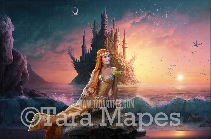 Mermaid Beach Digital Backdrop - Mermaid Castle Emerging from Ocean - Mermaid Ocean Castle - Mermaid Beach Castle Digital Background JPG