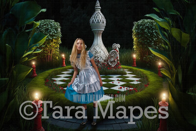 Alice Digital Backdrop - Wonderland  Chess Game Garden - Wonderland Enchanted Chess Board- JPG File - Wonderland Digital Background