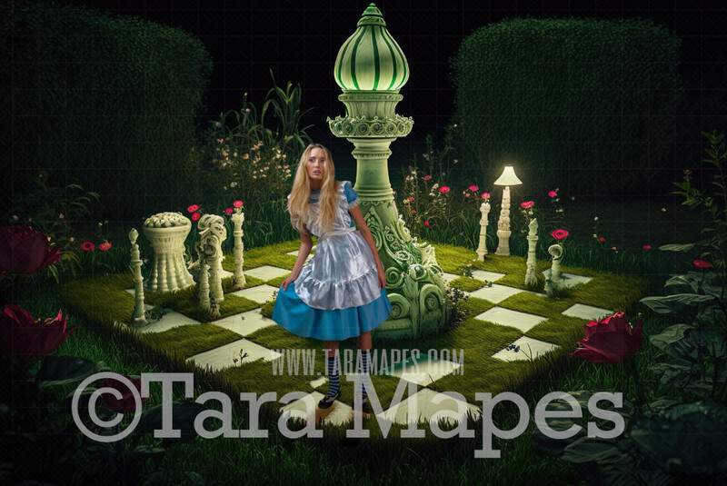 Alice Digital Backdrop - Wonderland  Chess Game Garden - Wonderland Enchanted Chess Board- JPG File - Wonderland Digital Background