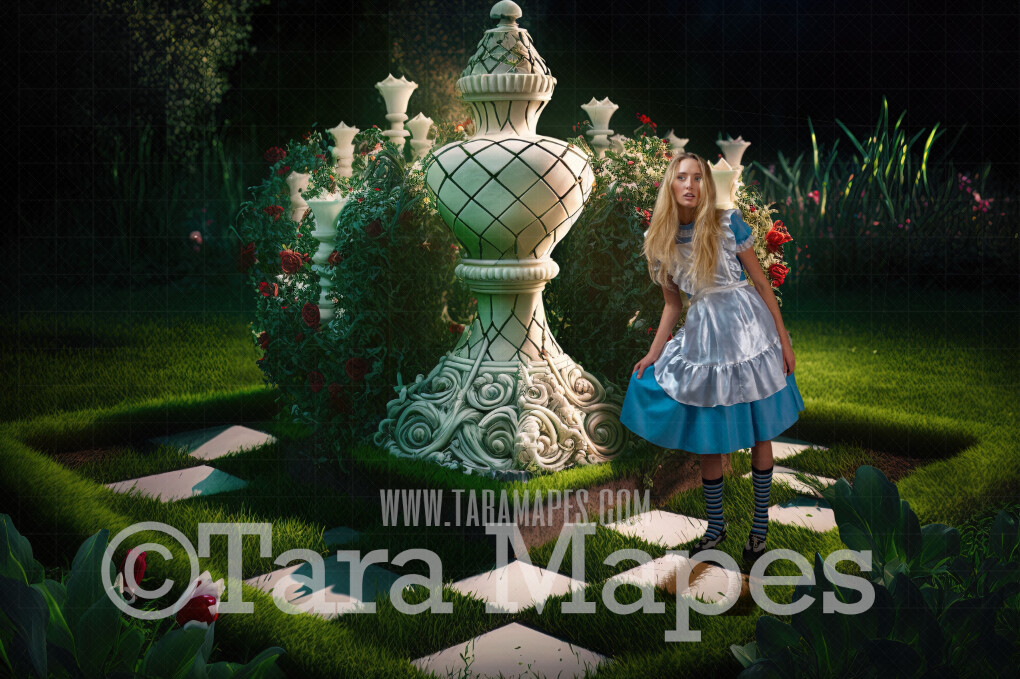 Alice Digital Backdrop - Wonderland Chess Game Garden - Wonderland Enchanted Chess Board- JPG File - Wonderland Digital Background