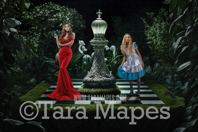 Alice Digital Backdrop - Wonderland  Chess Game Garden - Wonderland Enchanted Chess Board- JPG File - Wonderland Digital Background