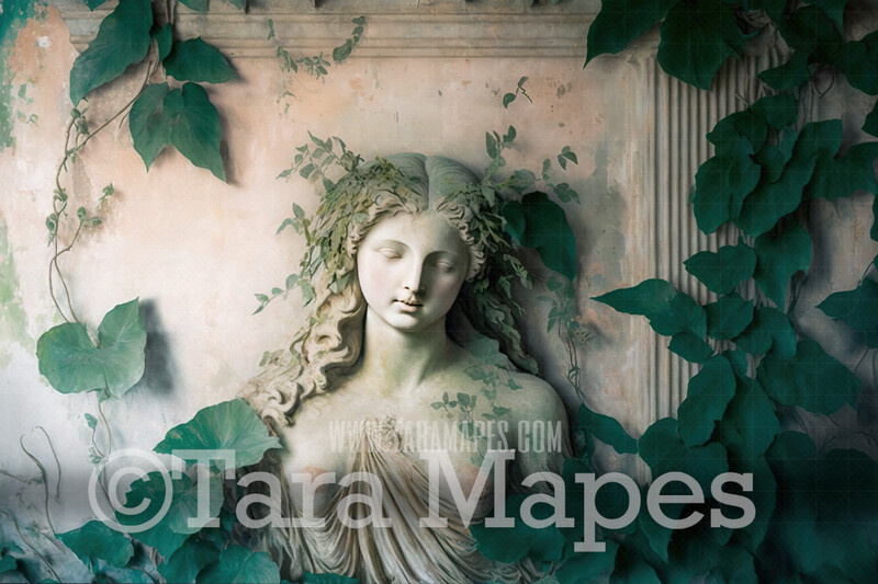 Ruins Wall Digital Background (JPG FILE) - Abandoned Ruins with Sculpture- Overgrown Vines in Ruins - Renaissance Style Painterly Grunge Abandoned Digital Background