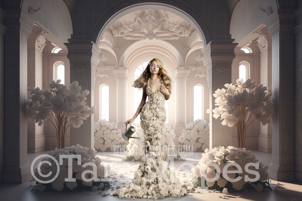 Floral Room Digital Backdrop - White Room of Flowers - Ornate Victorian Garden Room Digital Background JPG
