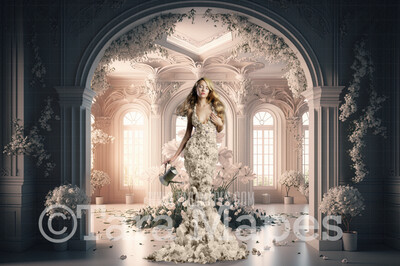 Floral Room Digital Backdrop - White Room of Flowers - Ornate Victorian Garden Room Digital Background JPG