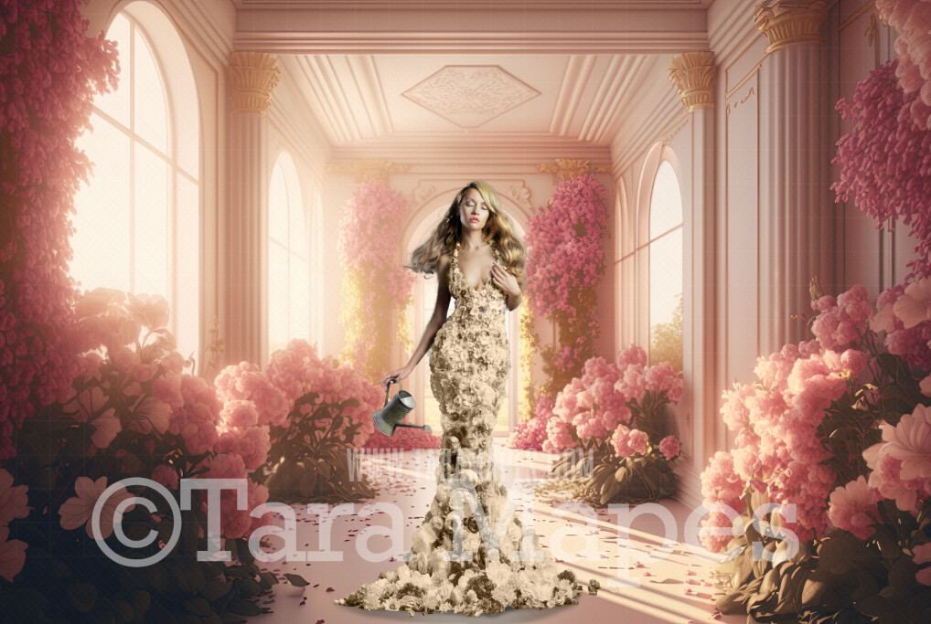 Floral Room Digital Backdrop - Pink Room of Flowers - Ornate Victorian Garden Room Digital Background JPG
