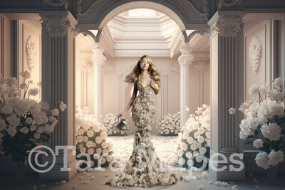 Floral Room Digital Backdrop - White Room of Flowers - Ornate Victorian Garden Room Digital Background JPG