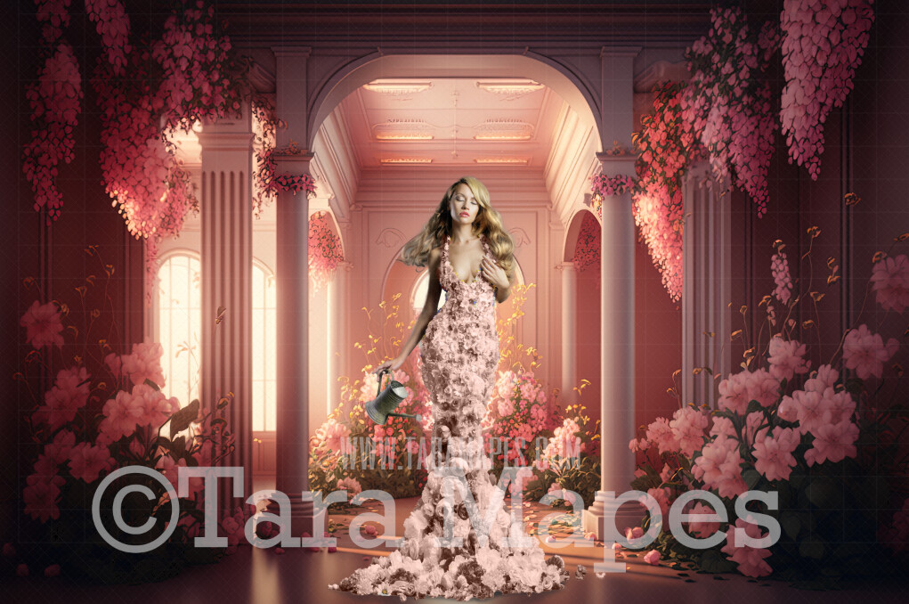 Floral Room Digital Backdrop - Pink Room of Flowers - Ornate Victorian Garden Room Digital Background JPG