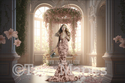 Floral Room Digital Backdrop - Pink Room of Flowers with Floral Swing - Ornate Victorian Garden Room Digital Background JPG