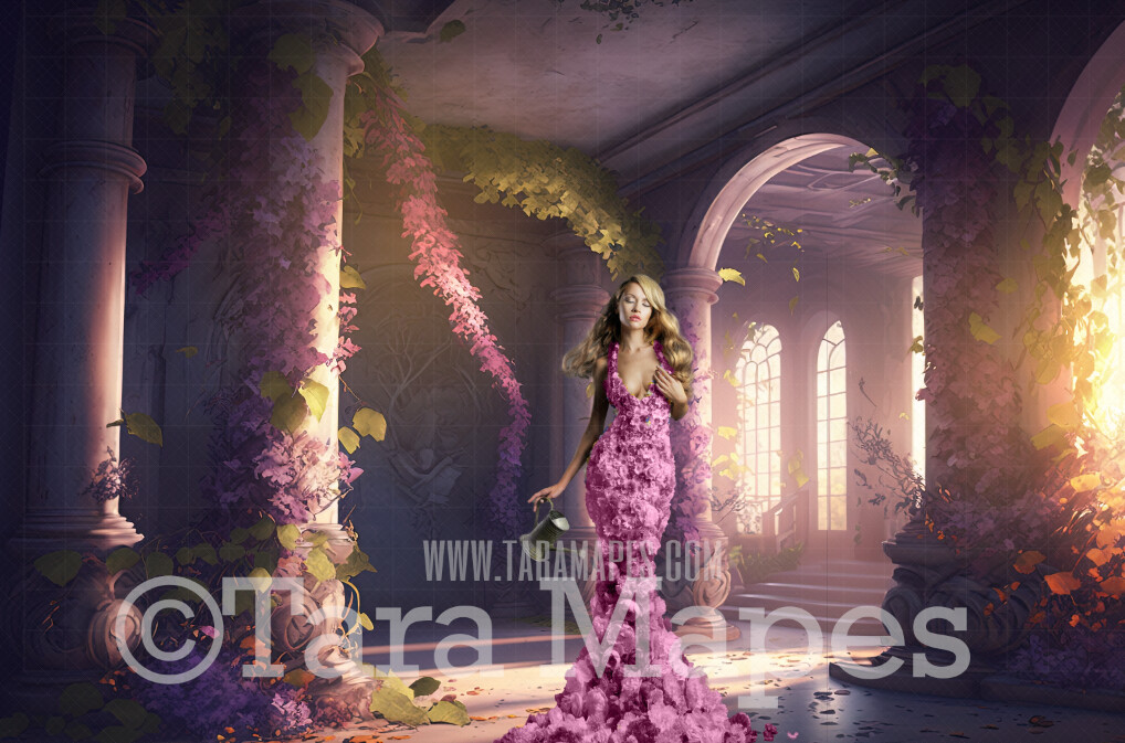 Palace Garden Digital Backdrop - Garden Room of Violet Flowers and Vines - Luxury Garden Room Digital Background JPG