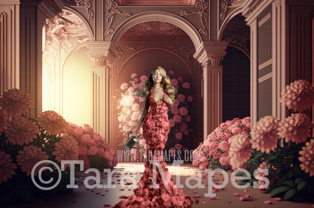 Floral Room Digital Backdrop - Pink Room of Flowers - Ornate Victorian Garden Room Digital Background JPG