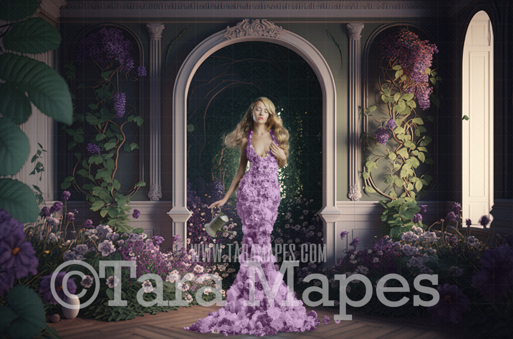 Floral Room Digital Backdrop - Room of Purple Violet Flowers and Vines - Ornate Victorian Garden Room Digital Background JPG
