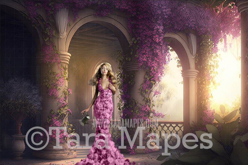 Palace Garden Digital Backdrop - Garden Room of Violet Flowers and Vines - Luxury Garden Room Digital Background JPG