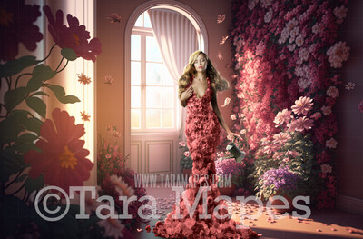 Floral Room Digital Backdrop - Pink Room of Flowers - Ornate Victorian Garden Room Digital Background JPG