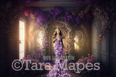 Floral Room Digital Backdrop - Room of Violet Flowers  and Vines - Ornate Victorian Garden Room Digital Background JPG