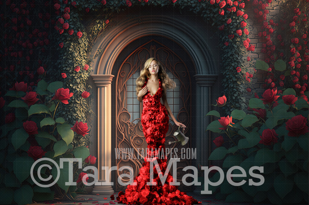 Door Surrounded by Roses Digital Backdrop - Rose Door- Cascading Roses around Door Digital Background JPG
