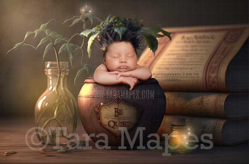 Newborn Digital Backdrop - Baby Mandrake Pot - Baby Leaf Hat and Flower Pot Digital - Separated Layers- LAYERED PSD - Newborn Digital Background