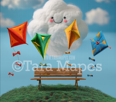 Needle Felted Kites on Hill with Bench and Cloud in Sky - Whimsical Digital Backdrop - Needle Felt  Digital Background