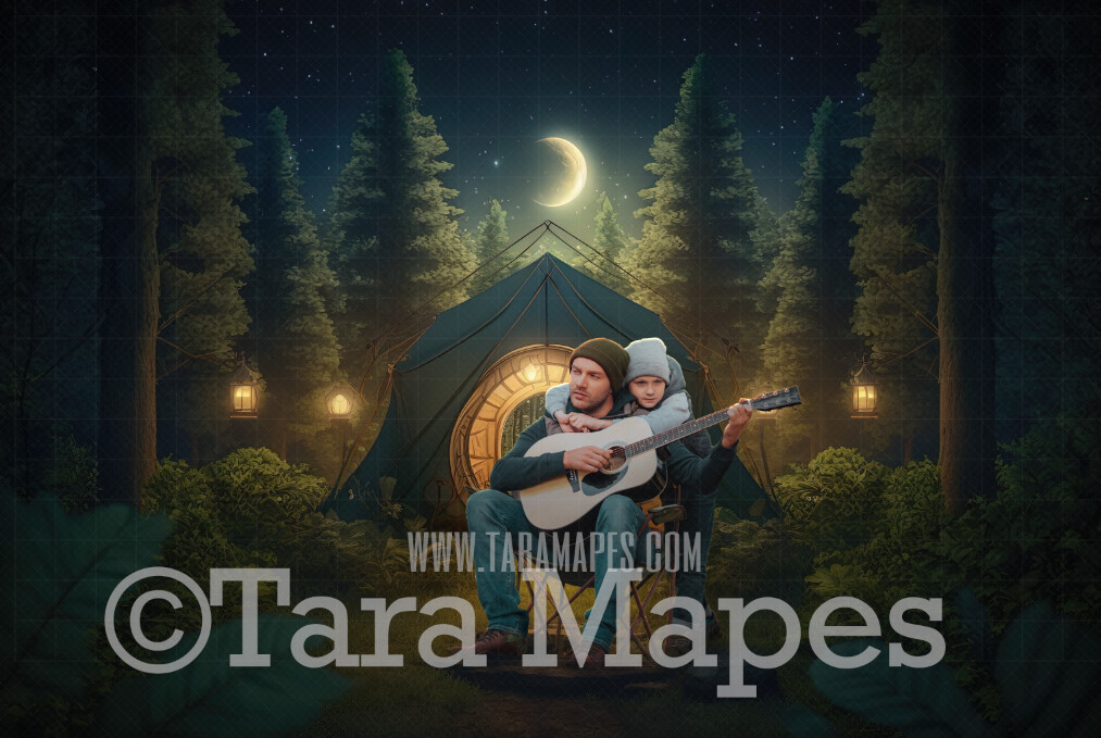 Tent in Forest Digital Backdrop  - Glowing Tent in Forest - Camping Digital Background JPG