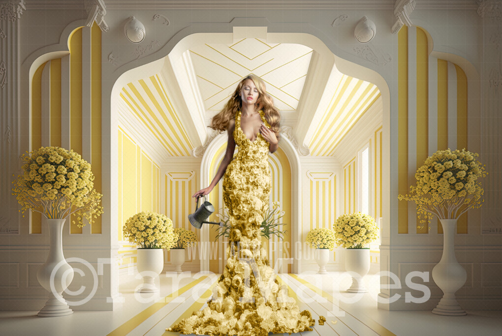 Lemon Room Digital Backdrop - Yellow and White Striped Room with Flowers-  Yellow Room Digital Background JPG