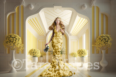 Lemon Room Digital Backdrop - Yellow and White Striped Room with Flowers-  Yellow Room Digital Background JPG