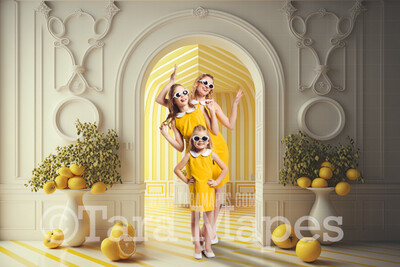 Lemon Room Digital Backdrop - Yellow and White Striped Room with Lemon Trees- Fun Yellow Room Digital Background JPG