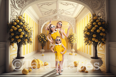 Lemon Room Digital Backdrop - Yellow and White Striped Room with Lemon Trees- Fun Yellow Room Digital Background JPG
