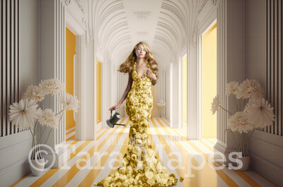 Lemon Room Digital Backdrop - Yellow and White Striped Room with Lemon Trees- Fun Yellow Room Digital Background JPG