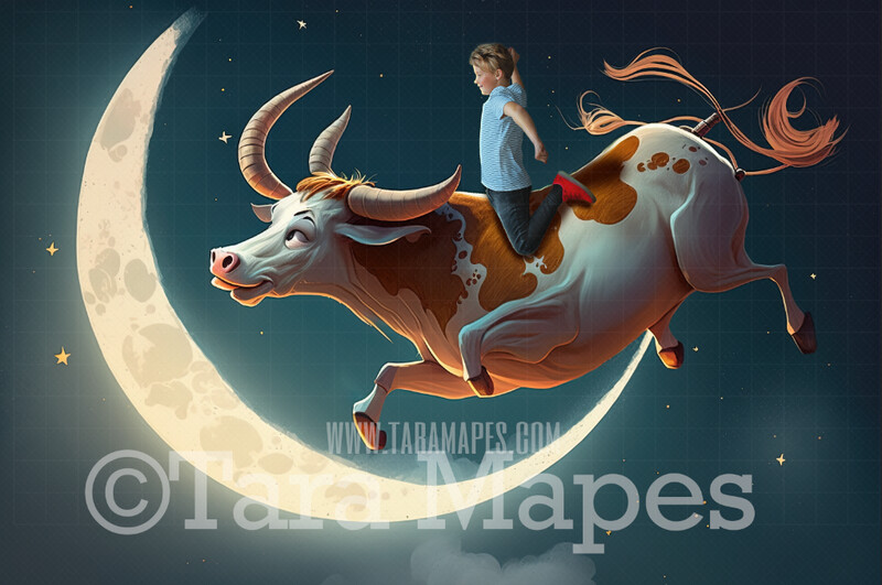 Cow Jumping Over the Moon Digital Background JPG - Child Nursery Rhyme Digital Backdrop - Cow Over Moon Digital Backdrop