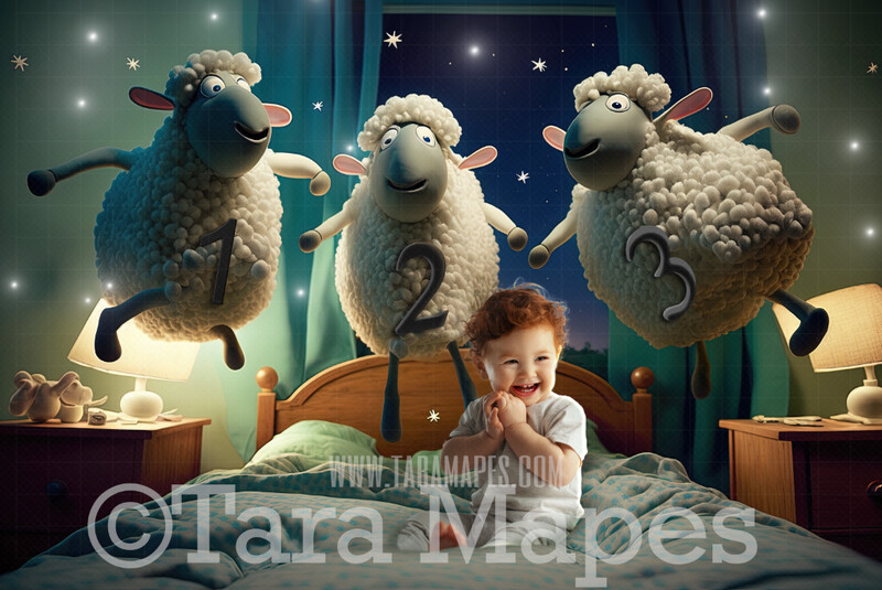 Counting Sheep Digital Background JPG - Child Nursery Rhyme Digital Backdrop - Sheep Jumping over Bed  Digital Backdrop