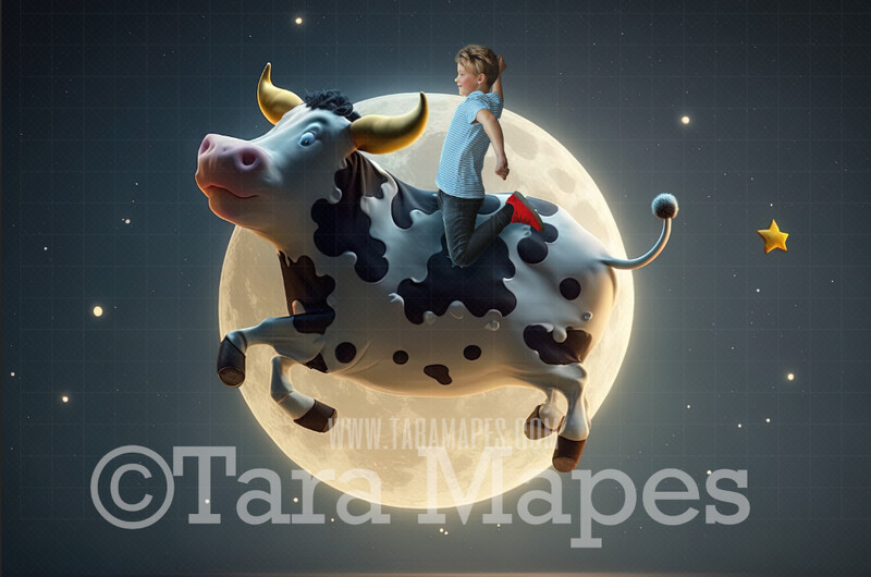 Cow Jumping Over the Moon Digital Background JPG - Child Nursery Rhyme Digital Backdrop - Cow Over Moon Digital Backdrop