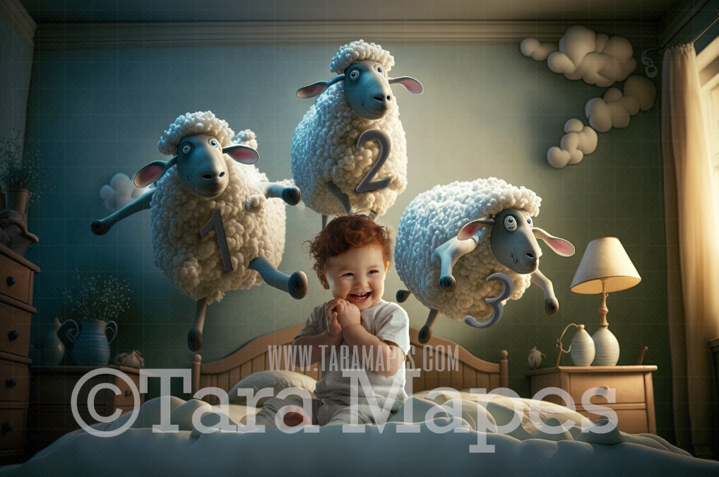 Counting Sheep Digital Background JPG - Child Nursery Rhyme Digital Backdrop - Sheep Jumping over Bed Digital Backdrop