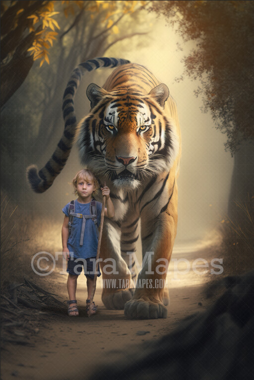 Big Tiger Digital Backdrop - Big Tiger Walking in Forest - Tiger Digital Background