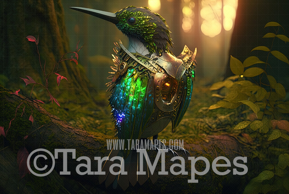 Fairy Hummingbird Digital Backdrop - Magical Fairy Hummingbird Digital Background - Humming Bird in Golden Armor in Enchanted Forest JPG