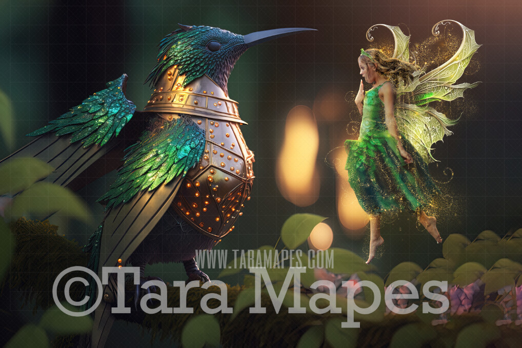 Fairy Hummingbird Digital Backdrop - Magical Fairy Hummingbird Digital Background - Humming Bird in Golden Armor in Enchanted Forest JPG