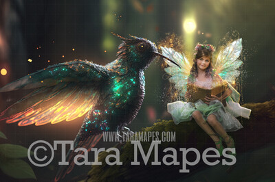 Fairy Hummingbird Digital Backdrop - Magical Fairy Hummingbird Digital Background - Humming Bird in Enchanted Forest JPG