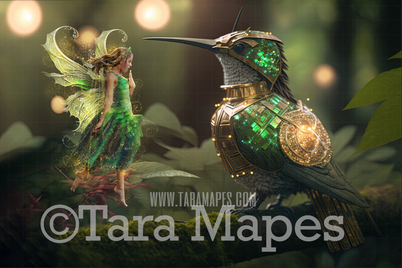 Fairy Hummingbird Digital Backdrop - Magical Fairy Hummingbird Digital Background - Humming Bird in Golden Armor in Enchanted Forest JPG