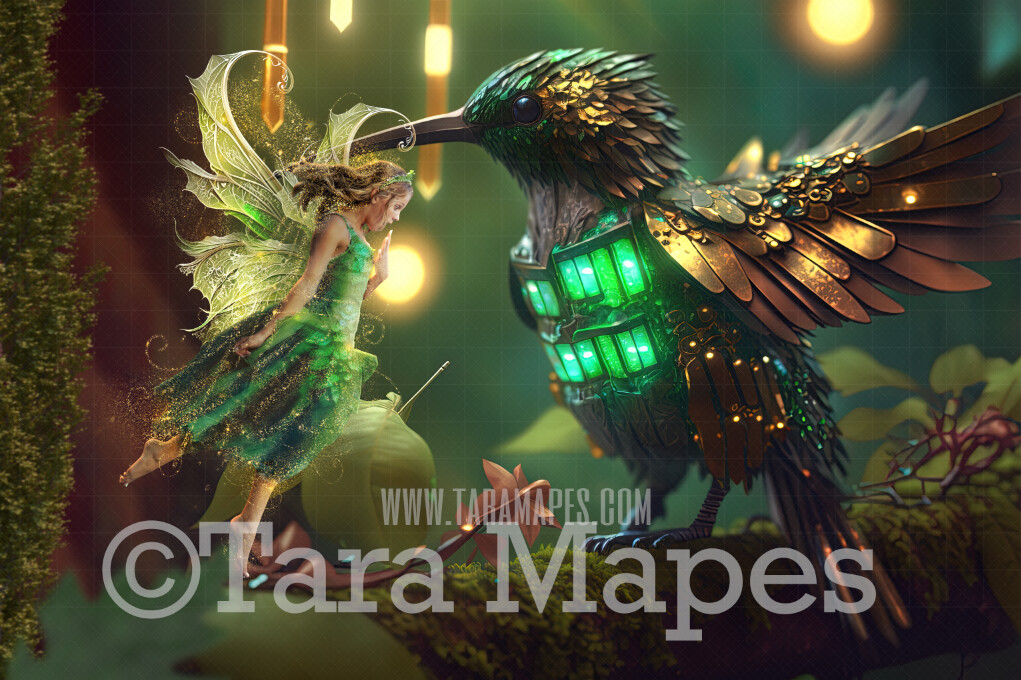 Fairy Hummingbird Digital Backdrop - Magical Fairy Hummingbird Digital Background - Humming Bird in Golden Armor in Enchanted Forest JPG