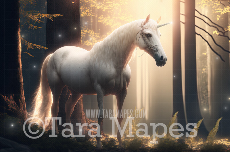 Unicorn Digital Backdrop - Unicorn in Enchanted Forest - Unicorn Digital Background JPG