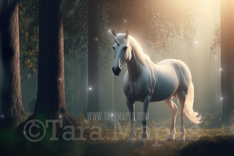 Unicorn Digital Backdrop - Unicorn in Enchanted Forest - Unicorn Digital Background JPG