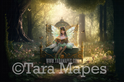 Fairy Bed Digital Backdrop - Magical Fairy Bed in Enchanted Forest Digital Background - Bed in Enchanted Forest JPG