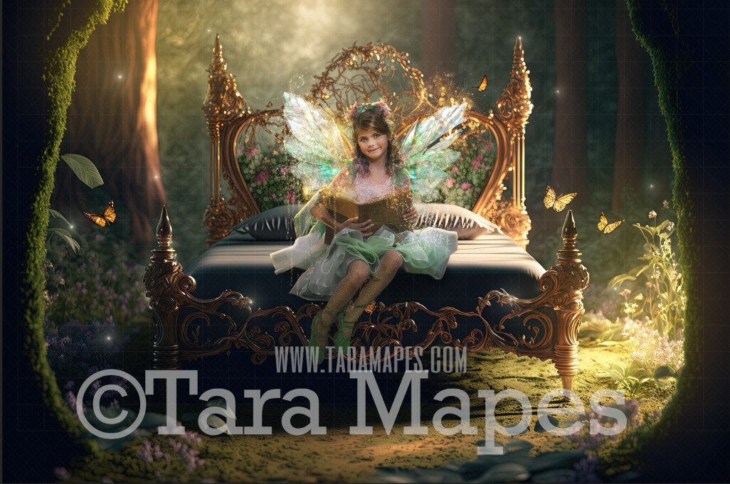 Fairy Bed Digital Backdrop - Magical Fairy Bed in Enchanted Forest Digital Background - Bed in Enchanted Forest JPG