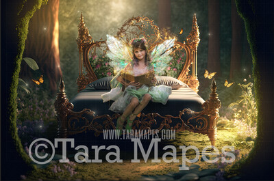 Fairy Bed Digital Backdrop - Magical Fairy Bed in Enchanted Forest Digital Background - Bed in Enchanted Forest JPG